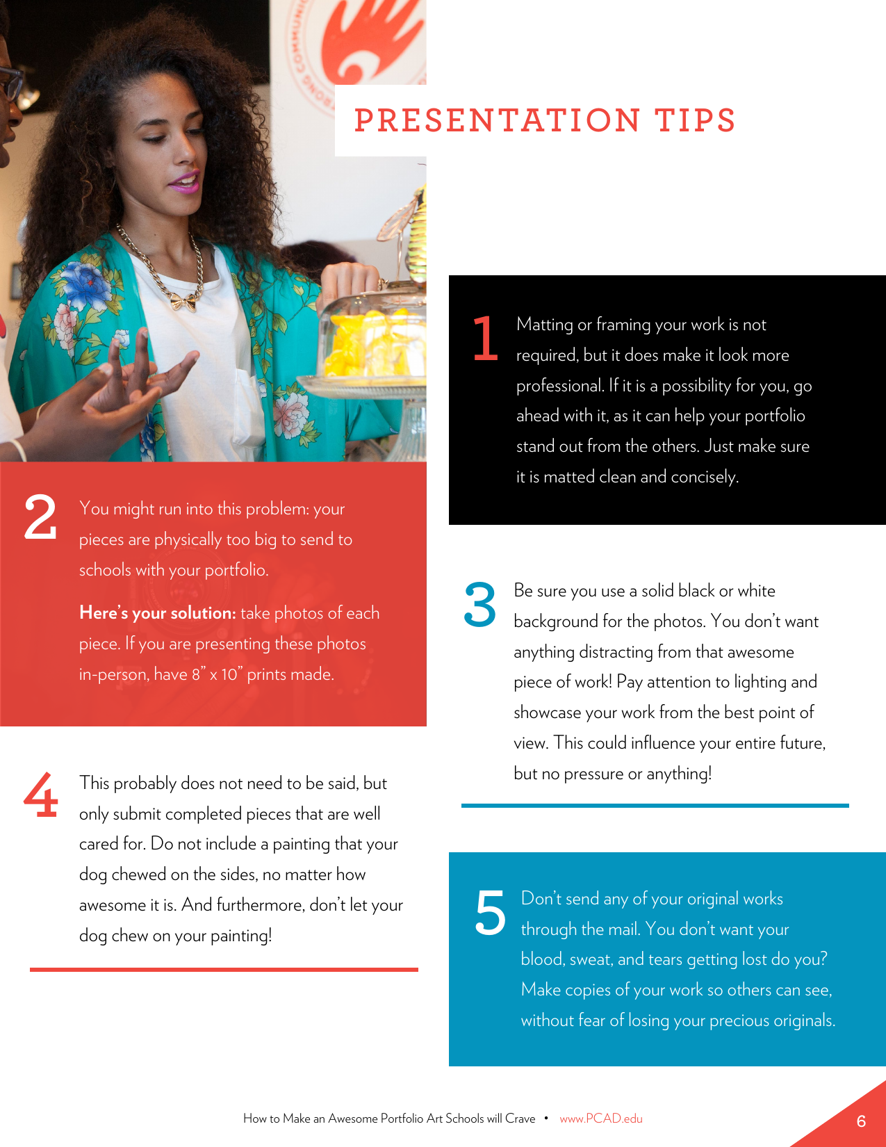 PCA&D admissions guide page: tips for submitting a portfolio digitally, including care of originals, matting, and photo backgrounds.
