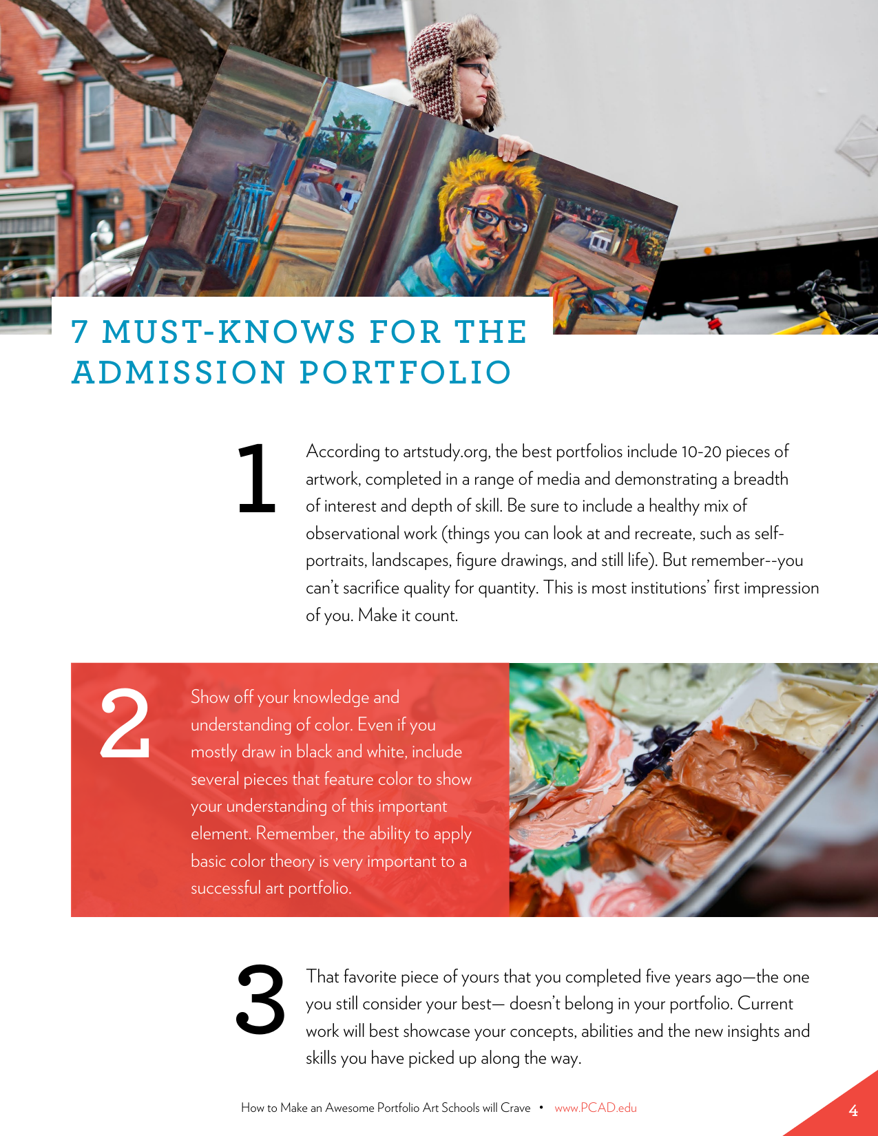 PCA&D admissions guide page: '7 Must-Knows for the Admission Portfolio,' listing tips on artwork range, current work, and quality over quantity.