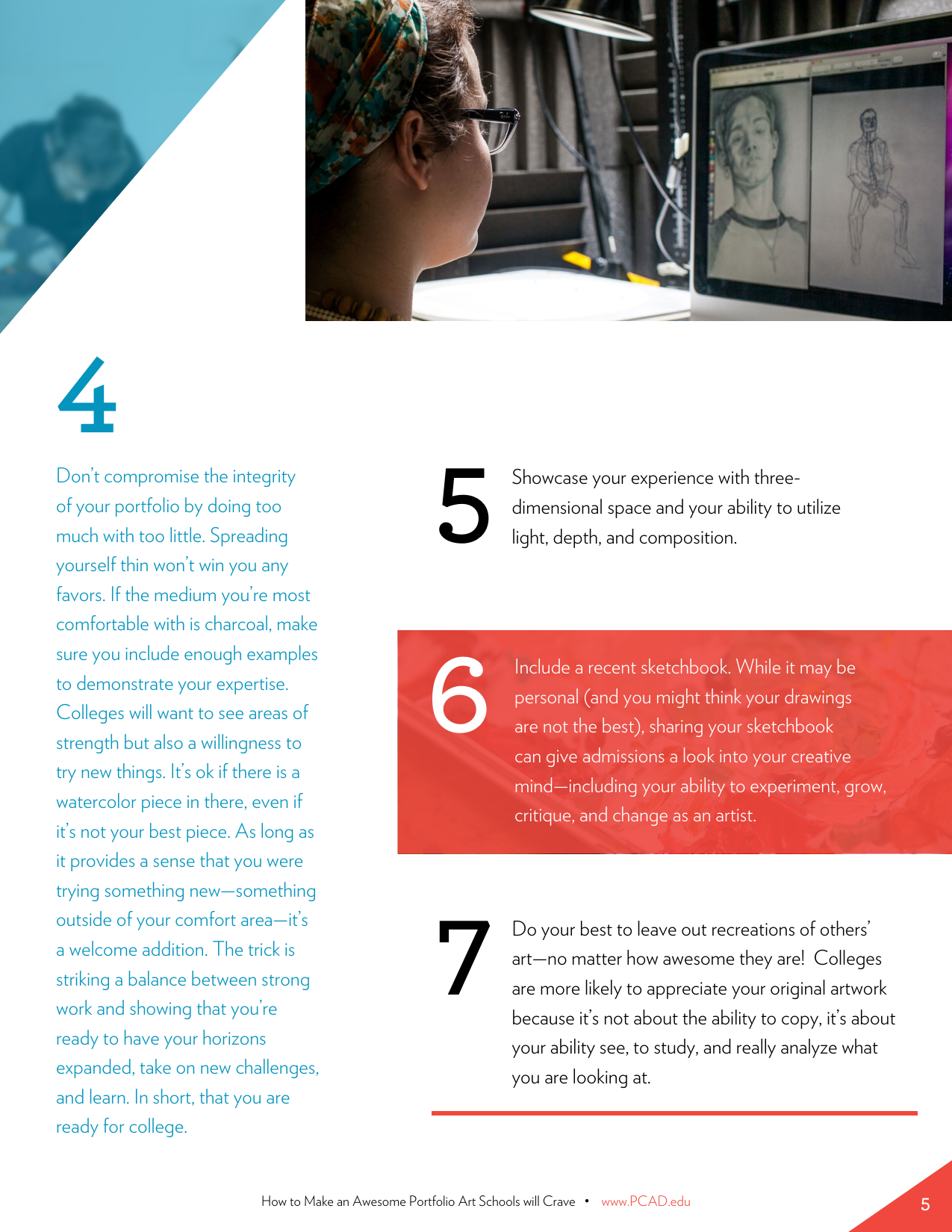 PCA&D admissions guide page: presentation tips covering portfolio focus, 3D composition, and avoiding recreations of others' art.